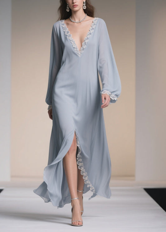Light Blue V Neck Lace Side Open Chiffon Dresses Spring