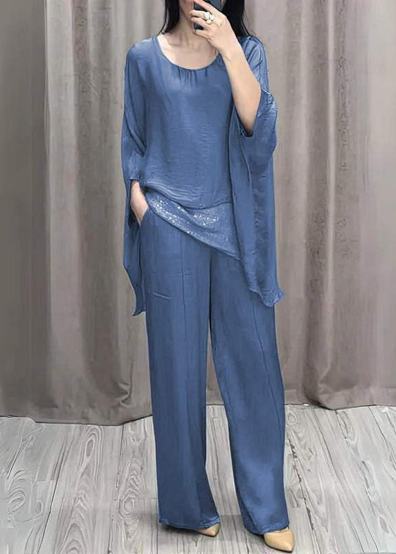 Loose Purple O Neck Tops and Pants Cotton Two Pieces Set Batwing Sleeve