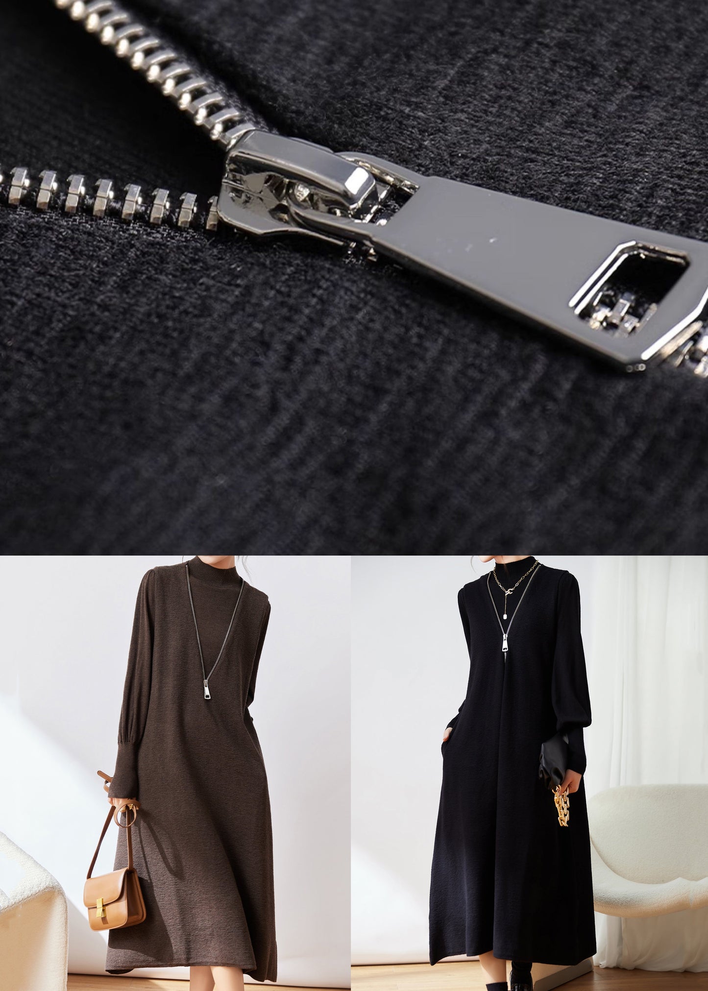 French Black Zippered Waistcoat Dresses and Top Knit Two-piece Set Winter