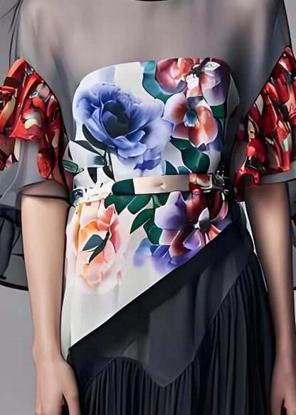 Grey O-neck Print Organza Patchwork Chiffon Dresses Butterfly Sleeve