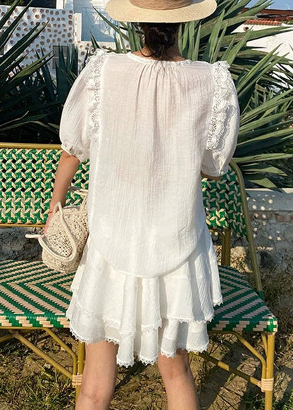 Art White Lace Up Lace Shirts and Skirts Cotton Two-piece Set Summer
