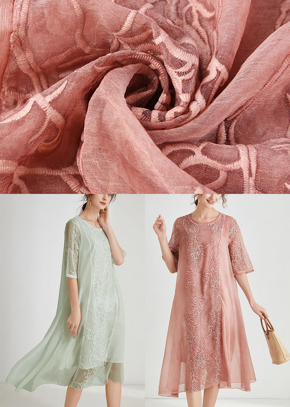 Light Green Asymmetrical Design Chiffon Dress Embroideried Half Sleeve