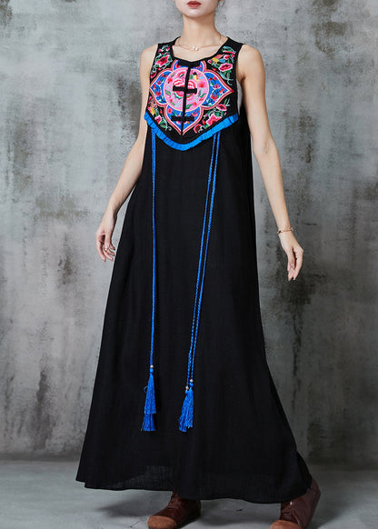Style Black Embroidered Tasseled Cotton Holiday Dress Sleeveless