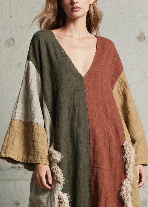 Retro Colorblock Oversized Patchwork Faux Fur Maxi Dresses Fall