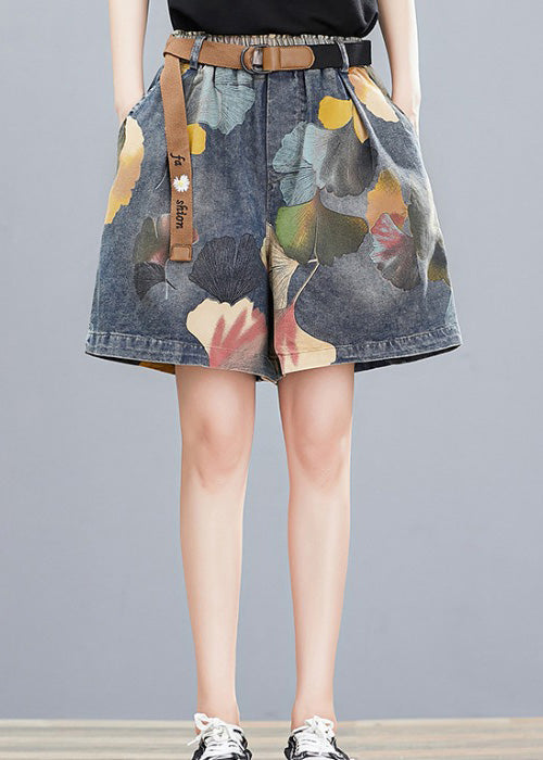 Print Elastic Waist Sashes Denim Shorts Summer