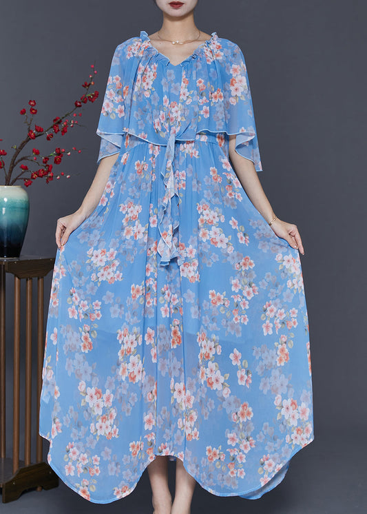 Blue Ruffled Print Chiffon Dresses Cloak Sleeves