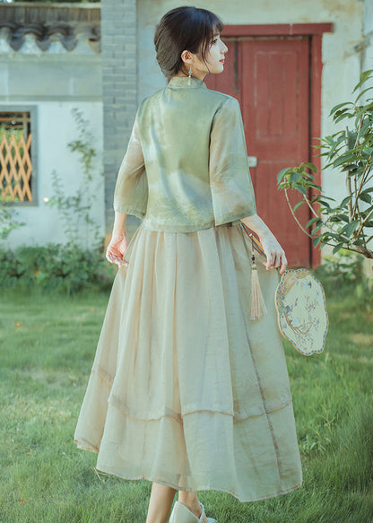 Chinese Style Green Print Tops and Light Khaki Pleated Skirt Chiffon Two Pieces Set Summer