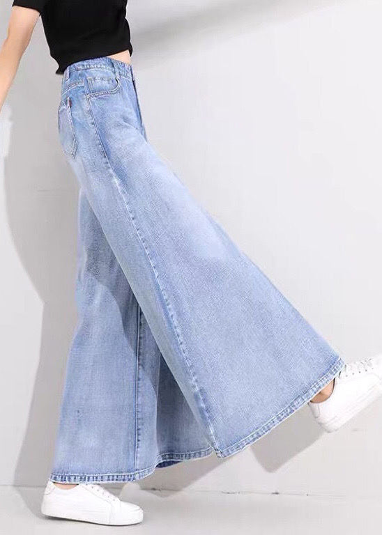 Light Blue High Waist Pockets Cotton Flare Pants Skirt Summer