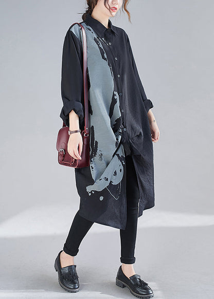 Black Peter Pan Collar Print Patchwork Cotton Shirts Dresses Fall