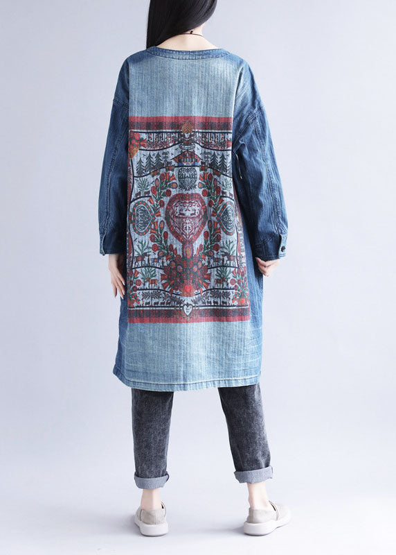 Blue V Neck Ripped Pockets Print Cotton Denim Trench Spring