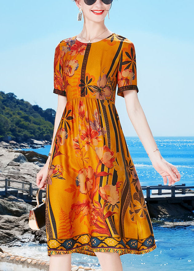 Yellow O-neck Lace Patchwork Wrinkled Silk a Line Dresses Short Sleeve