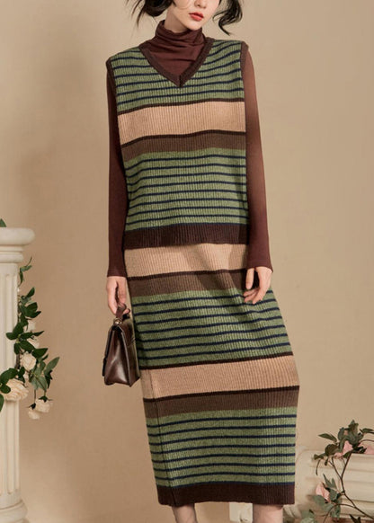 New Green Striped Vest and Skirts Knit Two Pieces Set Sleeveless