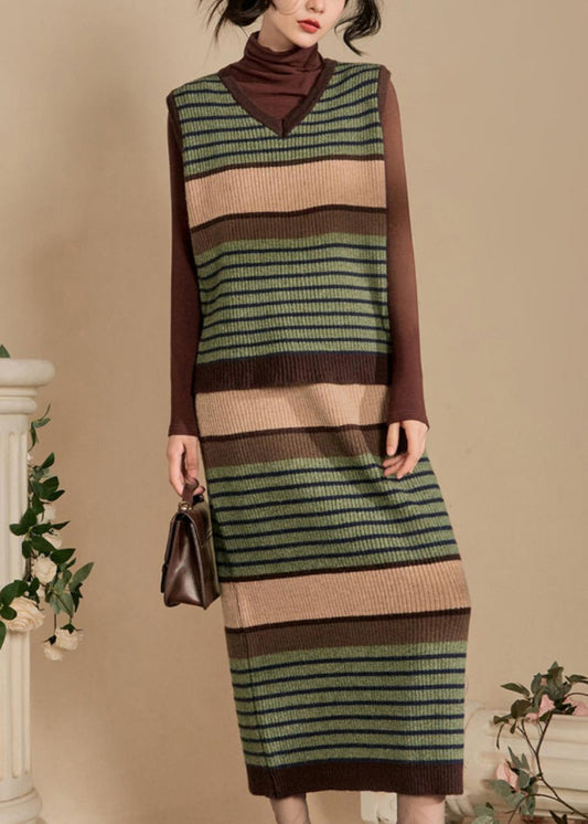 New Green Striped Vest and Skirts Knit Two Pieces Set Sleeveless