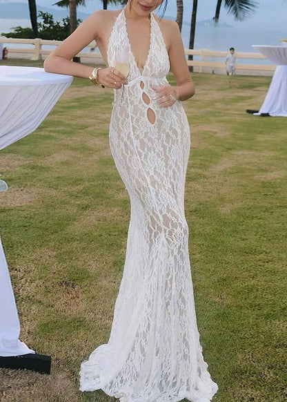 White V Neck Hollow Out Lace Ankle Dress Sleeveless