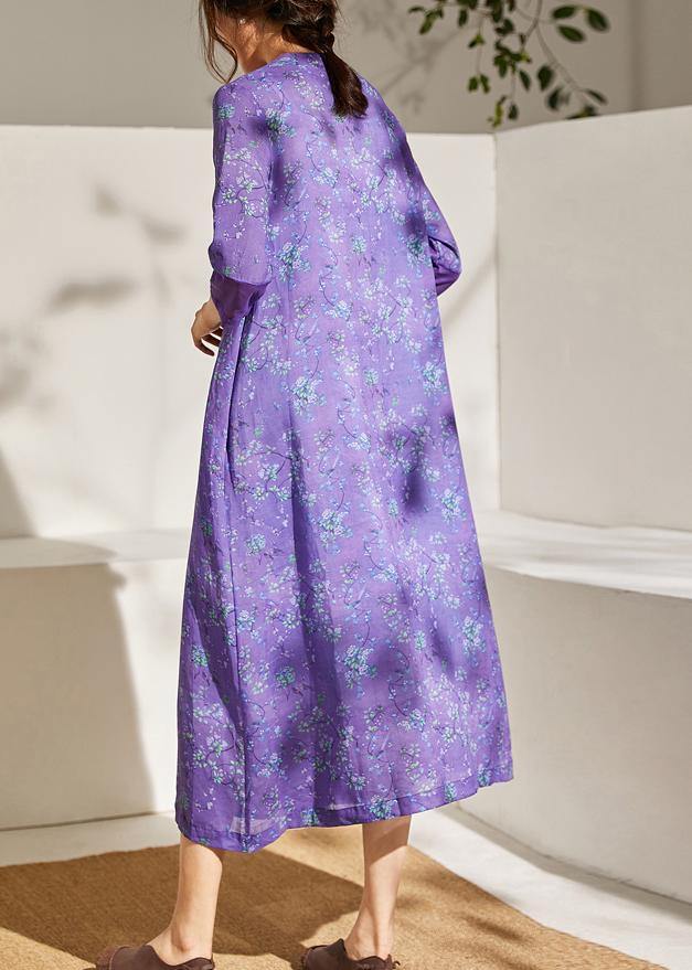 Simple Purple Patchwork Tie Waist Print Summer Ramie Vacation Dress