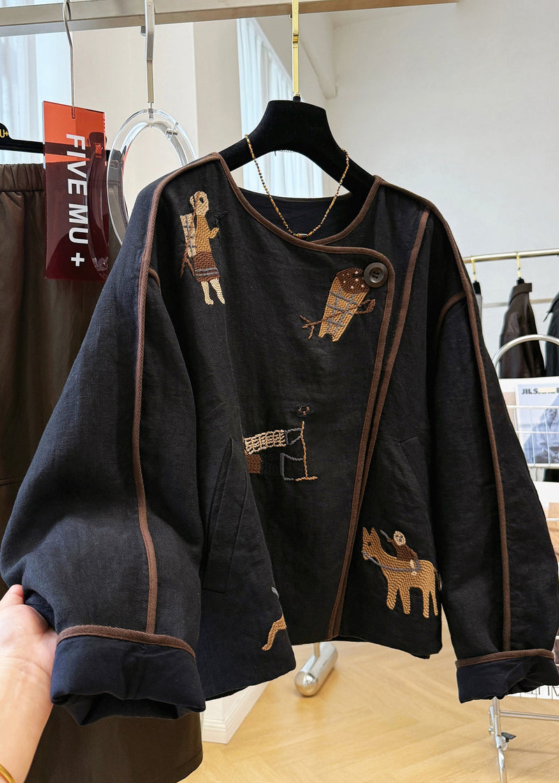 Handmade Black O Neck Embroidered Patchwork Linen Coat Fall