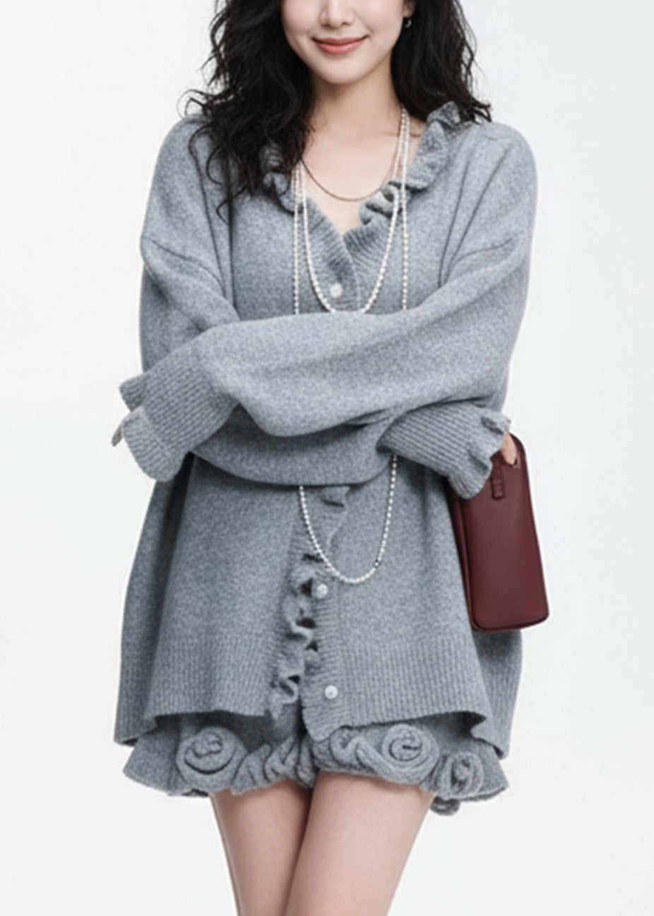 Natural Grey Ruffled Patchwork Cotton Knit Cardigans and Skirts Two Piece Set Lantern Sleeve