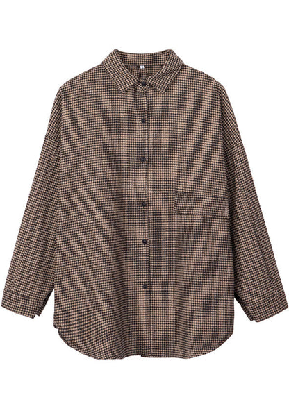 Chocolate Peter Pan Collar Plaid Woolen Top Spring
