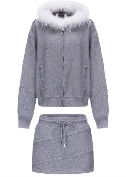 Grey Fur Collar Zippered Fleece Sweatshirt and Skirts Two Pieces Set Winter