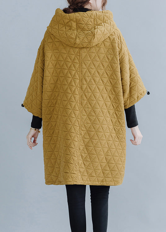 Yellow Hooded Drawstring Thick Mid Dress Long Sleeve