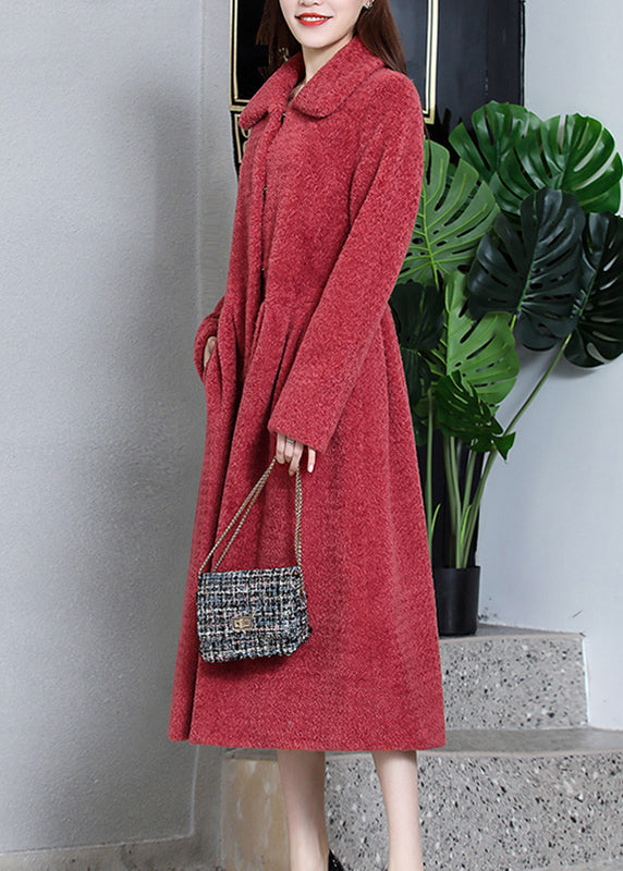 Watermelon Red Wrinkled Pockets Teddy Faux Fur Coats Long Sleeve