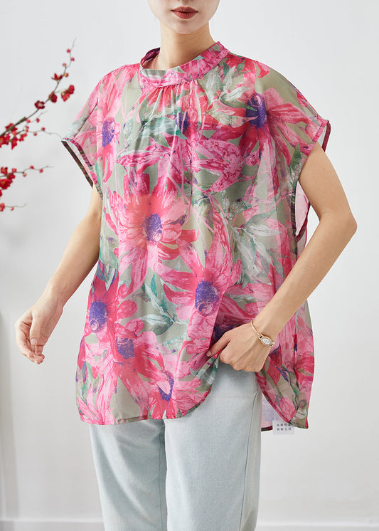 Italian Pink Print Wear on Both Sides Linen Silk Blouse Tops Summer