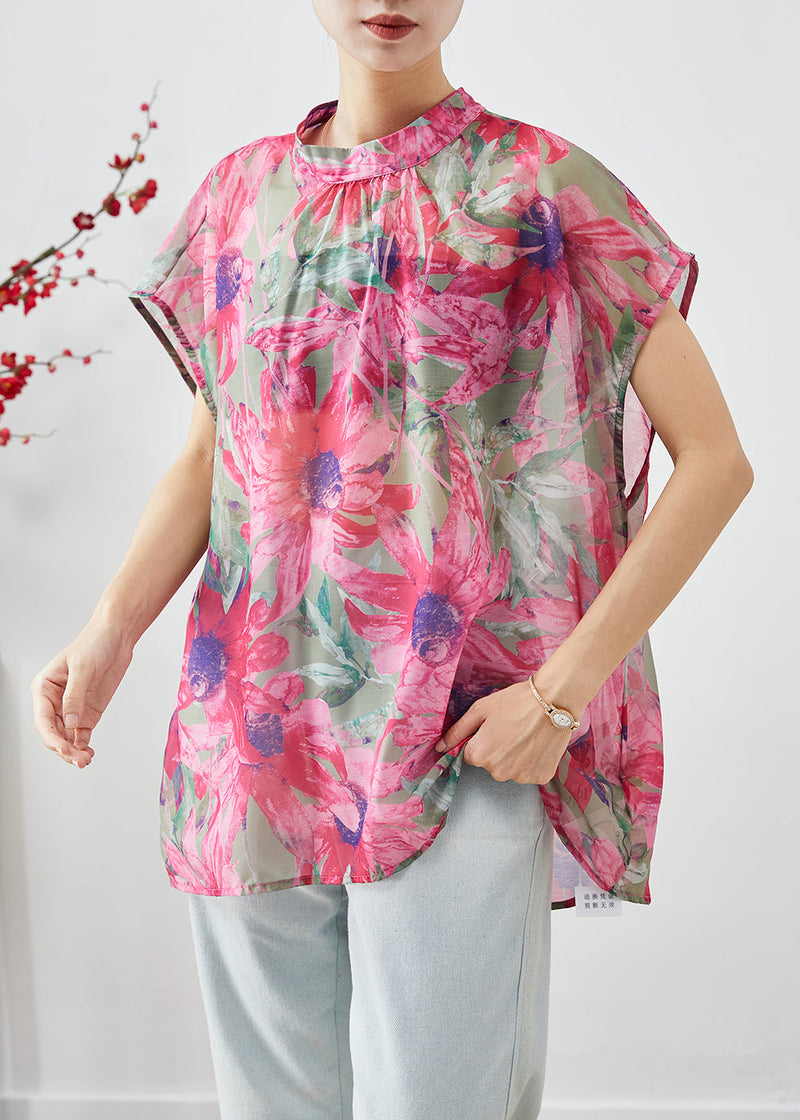 Italian Pink Print Wear on Both Sides Linen Silk Blouse Tops Summer