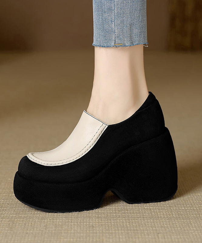 Handmade Black High Wedge Heels Cowhide Leather Splicing
