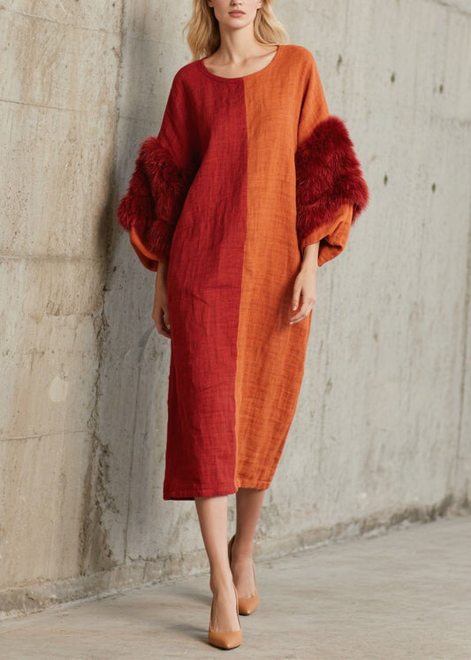 Colorblock O Neck Fuzzy Fur Fluffy Patchwork Cotton Dress Fall