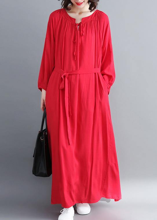 Red Quilting Dresses O Neck Large Hem Long Spring Dresses