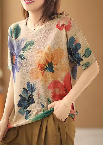 Loose Big Flower O-neck Cozy Cotton Knit Top Short Sleeve