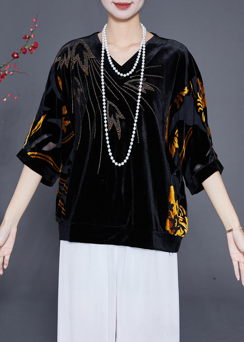 Black Hollow Out Zircon Silk Velour Shirt Top Half Sleeve