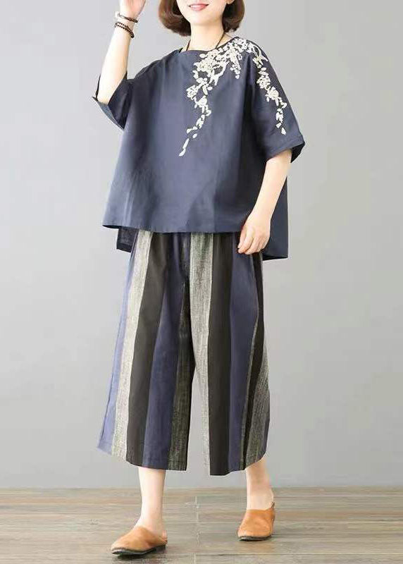 Navy O-neck Embroideried Striped Linen Tops and Straight Pants Two Pieces Set Short Sleeve