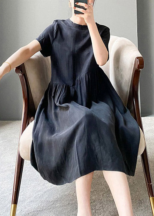 Brief Beige O-neck Patchwork Linen Dress Short Sleeve