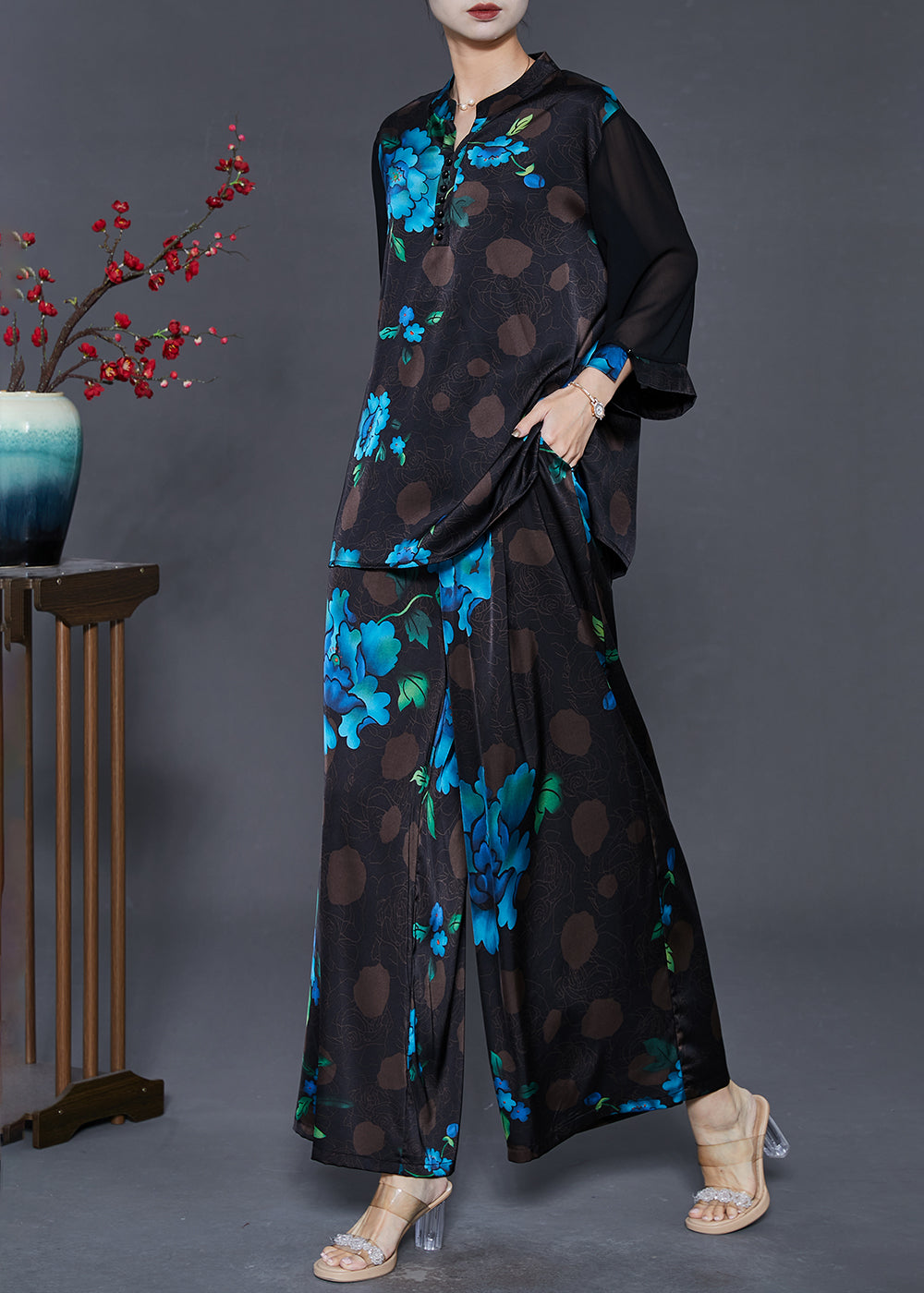 Blue Silk Two Piece Suit Set Oversized Fall