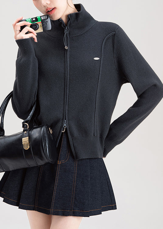 Dark Grey Zip Up High Neck Knit Sweaters Coat Spring