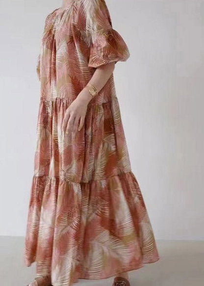 Black O-neck Print Long Dress Short Sleeve