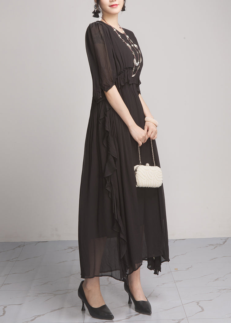 Black Wrinkled Chiffon Long Dresses O Neck Summer