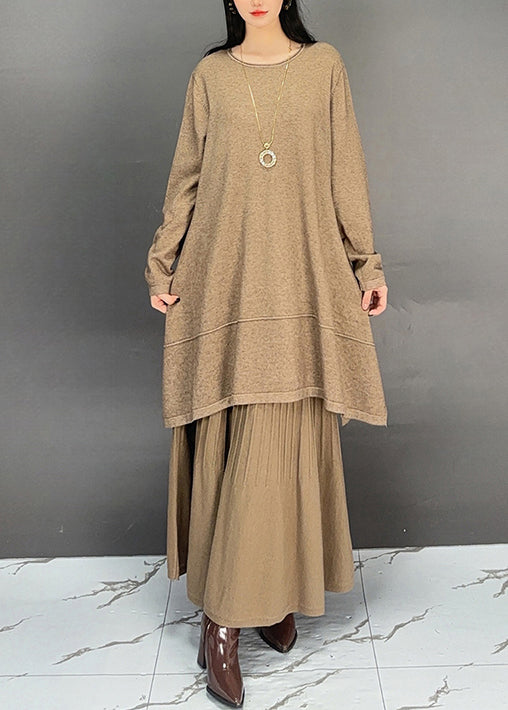 Khaki O Neck Cotton Two Pieces Set Fall