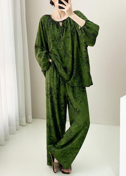 Green Print Lace Up Cotton Pajamas Two Pieces Set Fall