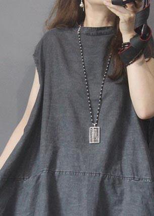 Fitted Black Grey O-neck Low High Design Summer Denim Mid Dress