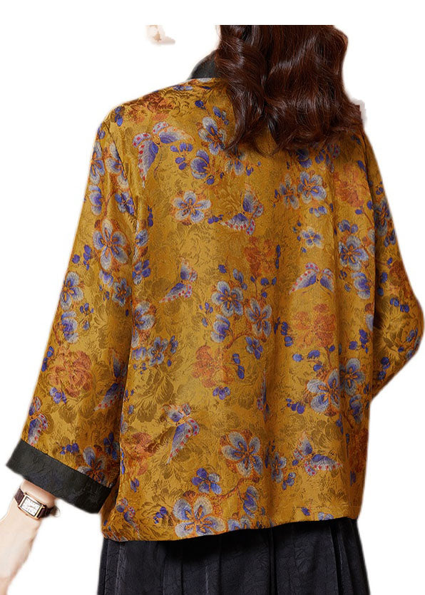 Yellow Print Patchwork Silk Loose Cardigans Bracelet Sleeve