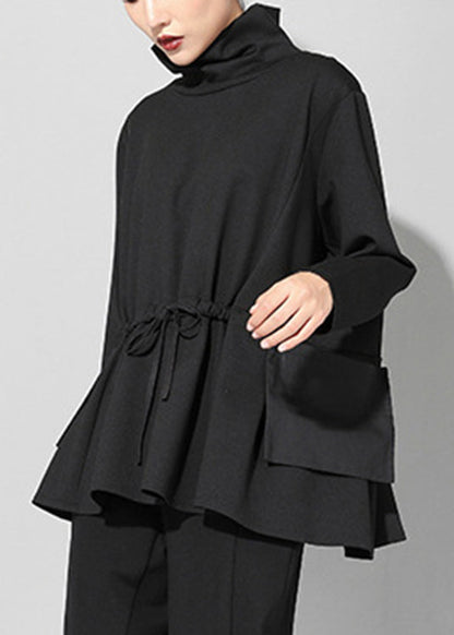 Loose Black Turtleneck Wrinkled Patchwork Tie Waist Top Long Sleeve