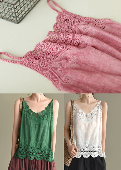 Pink Original Design Embroideried Cotton Spaghetti Strap Tops Summer