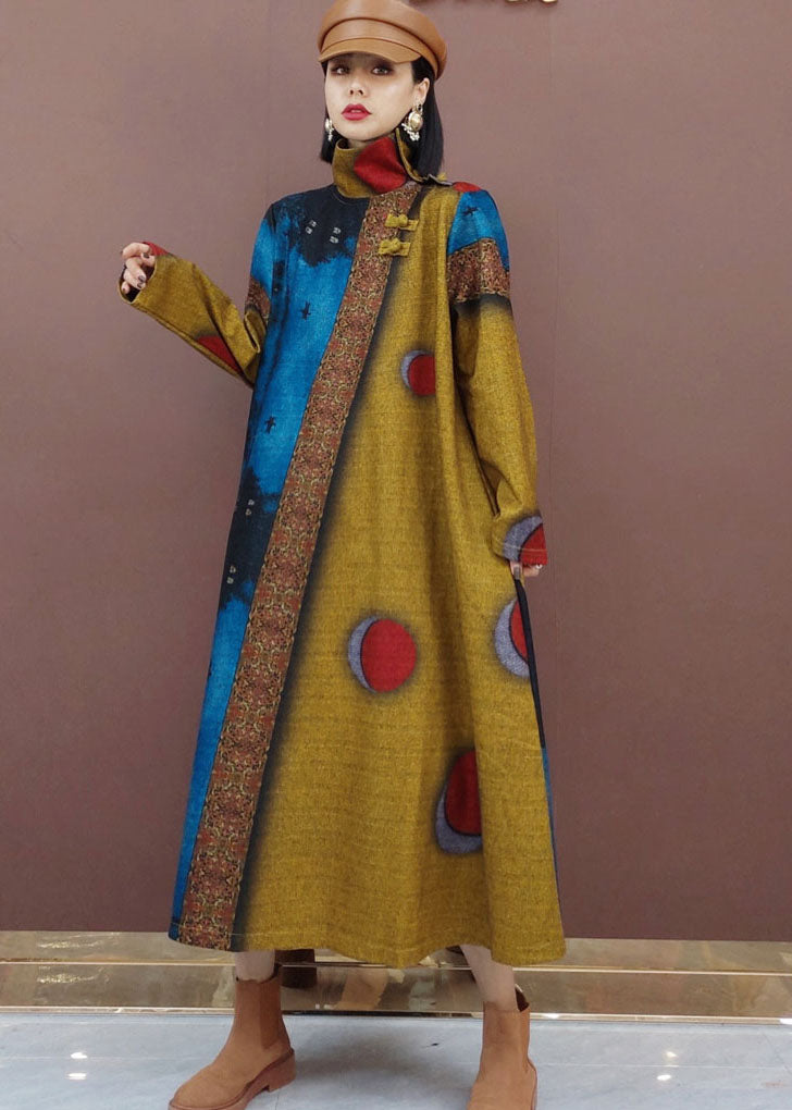 Khaki Dot Print Woolen Long Dresses Spring