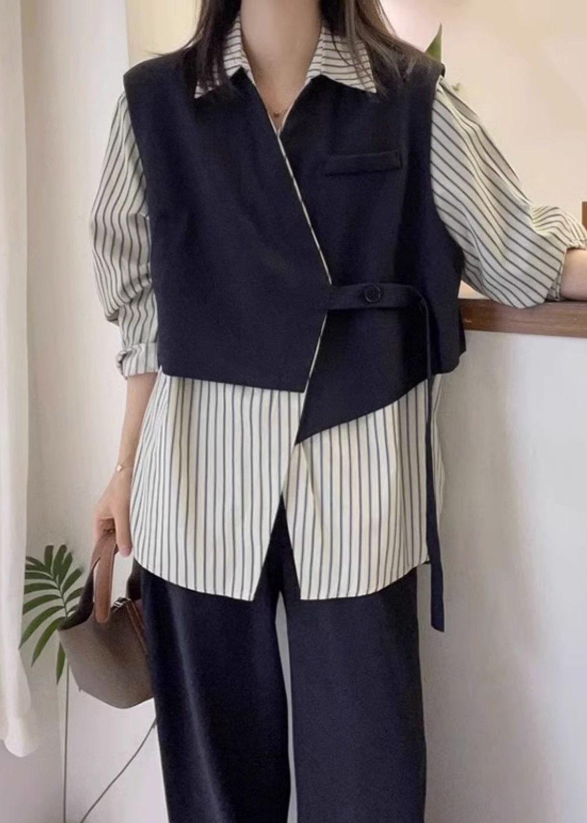 Striped Asymmetrical Button Cotton Shirt Long Sleeve