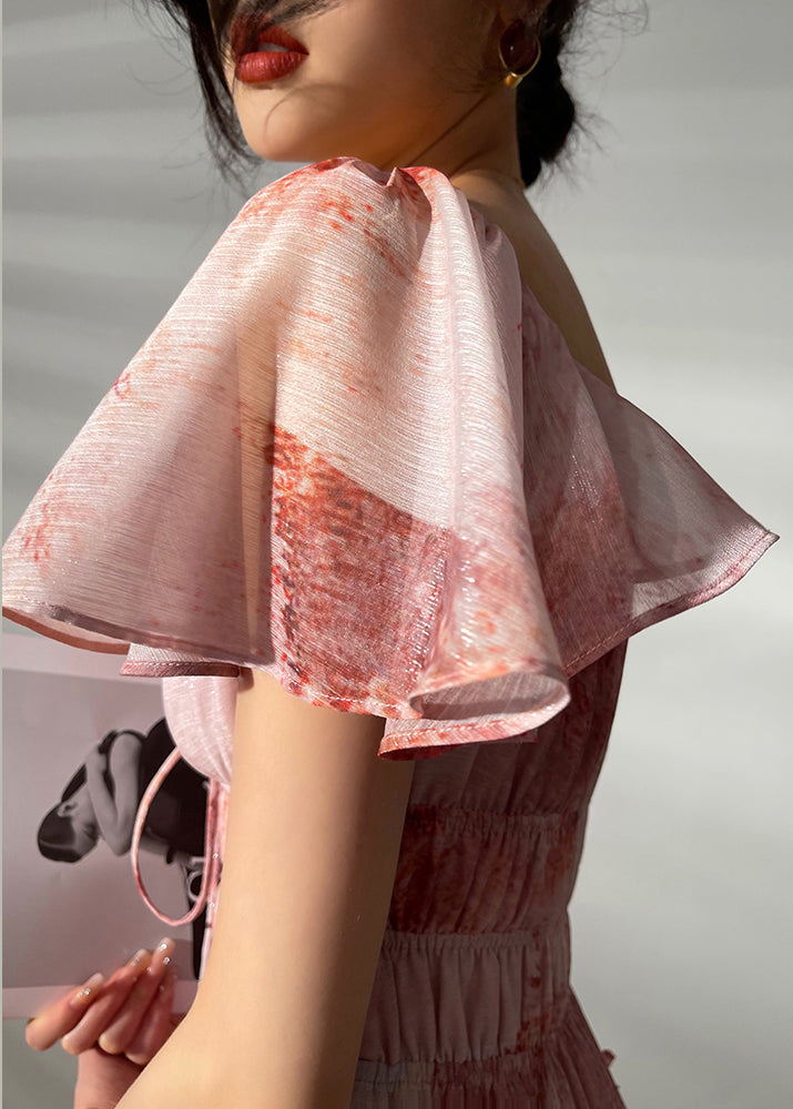 Square Collar Print Chiffon Mid Dresses Short Sleeve