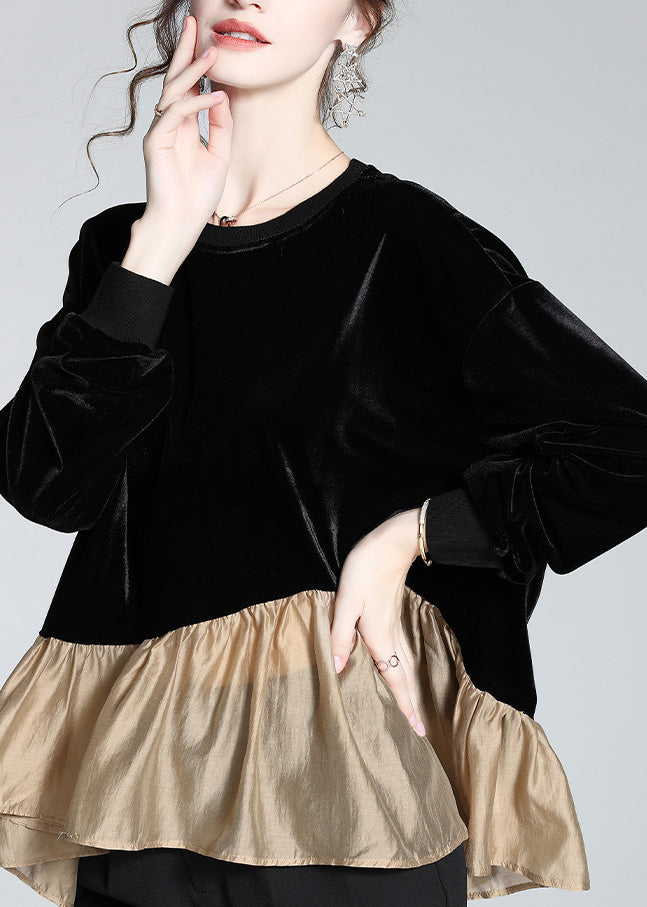 Stylish Black O-neck Patchwork Velour T Shirt Spring