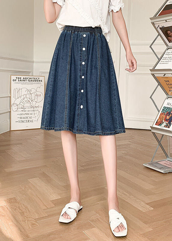 Natural Navy Elastic Waist Button Cotton Denim Skirts Summer