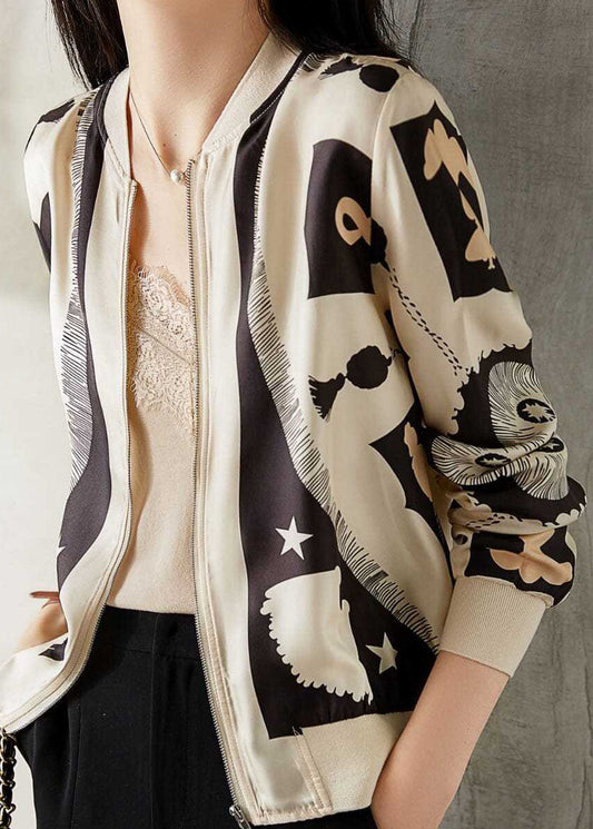 Beige V Neck Zippered Patchwork Print Silk Coat Spring